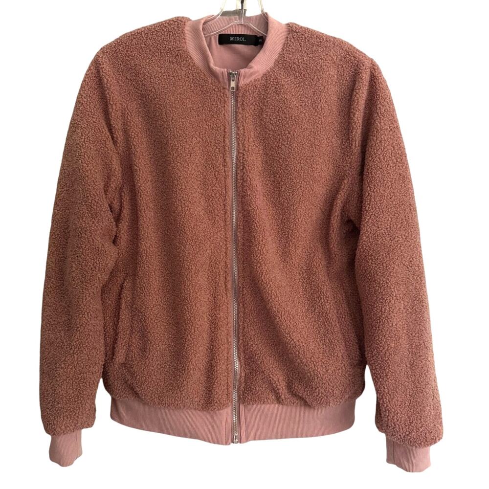 Mirol Jacket Sz S Sherpa Bomber Full Zip Hand Pockets Polyester Rose Pink